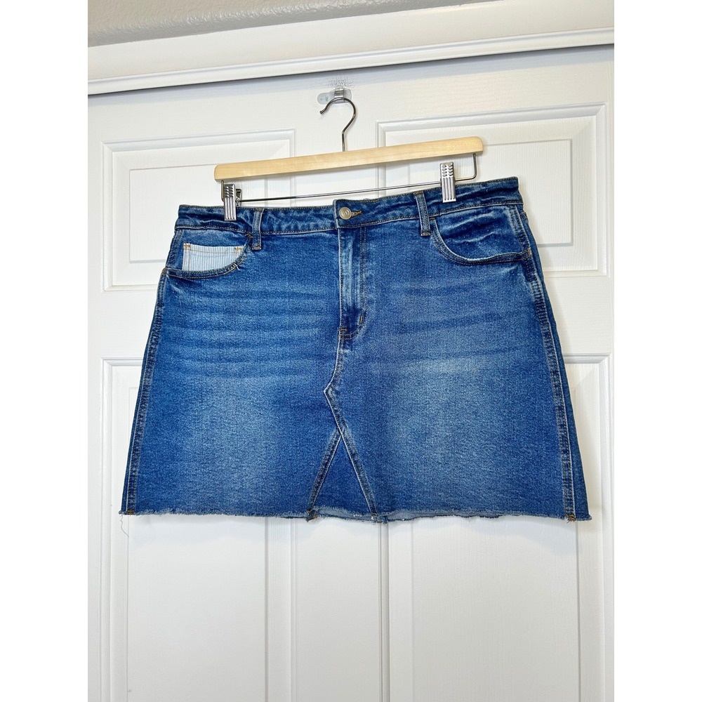 And Now This Denim Mini Skirt XL Blue Raw Hem
